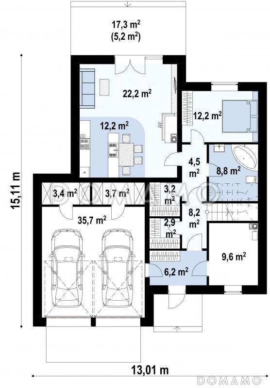 Проект стильного загородного дома с плоской крышей, гаражом, террасами / План 1 этажа