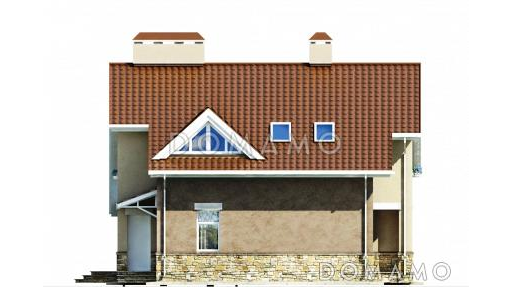 Проект загородного дома с темно-коричневой двускатной крышей и просторной гостиной с камином / Фасад 2