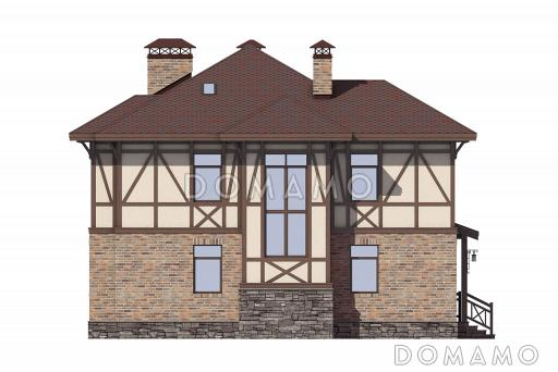 Проект дома с крытой террасой, кладовой под лестницей. эркерами, гостевой на первом этаже, спальнями и кабинетом на втором этаже / Фасад 3