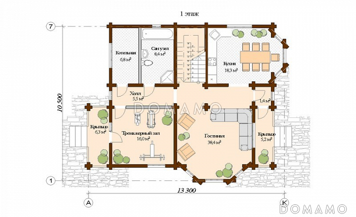 Проект дома из клееного бруса с тренажерным залом на первом этаже / План 1 этажа Проект дома из клееного бруса с тренажерным залом на первом этаже / План 1 этажа