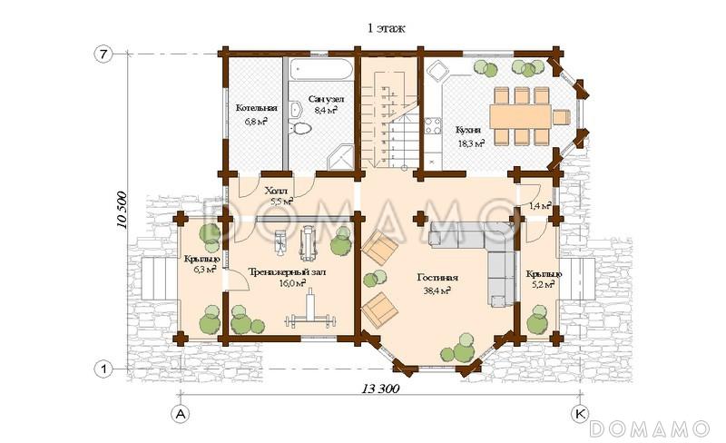 Проект дома из клееного бруса с тренажерным залом на первом этаже / План 1 этажа