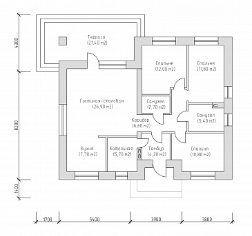 Проект компактного одноэтажного дома по технологии ЛСТК с террасой, с комбинированной отделкой / План 1 этажа Проект компактного одноэтажного дома по технологии ЛСТК с террасой, с комбинированной отделкой / План 1 этажа