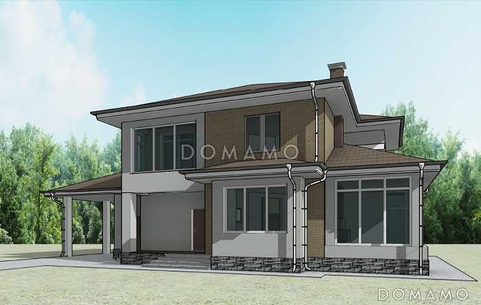 Проект двухэтажного дома с крытой террасой, ломаной гостиной, просторным холлом с выходом на лоджию