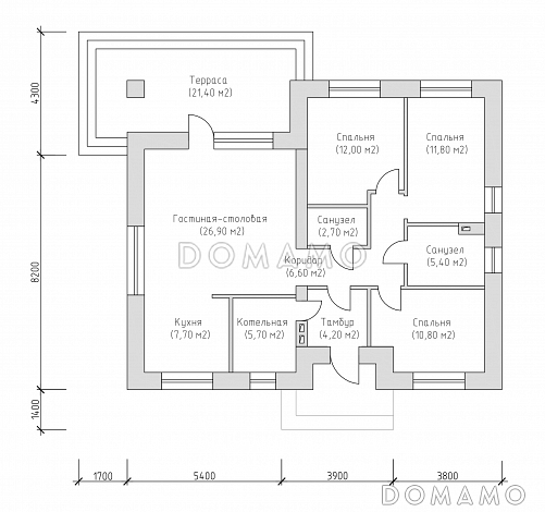 Проект компактного одноэтажного дома по технологии ЛСТК с террасой, с комбинированной отделкой / План 1 этажа Проект компактного одноэтажного дома по технологии ЛСТК с террасой, с комбинированной отделкой / План 1 этажа