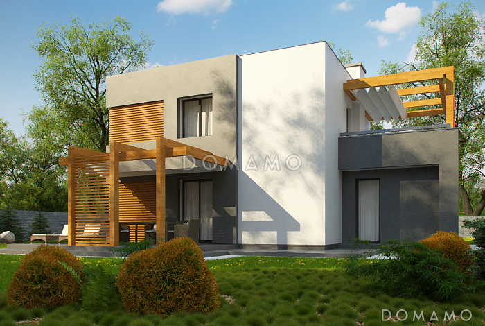 Проект двухэтажного дома с гаражом на две машины, террасами, хозяйской спальней, кухней и гостиной без перегородки Проект двухэтажного дома с гаражом на две машины, террасами, хозяйской спальней, кухней и гостиной без перегородки