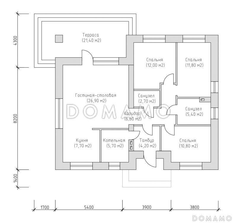 Проект компактного одноэтажного дома по технологии ЛСТК с террасой, с комбинированной отделкой / План 1 этажа