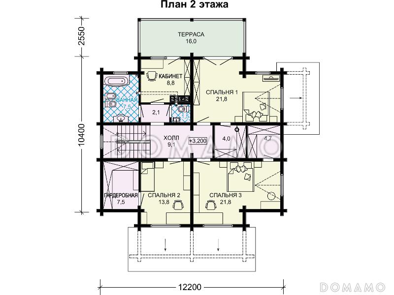 Проект двухэтажного дома с кухней-столовой, сауной и большими спальнями / План 2 этажа