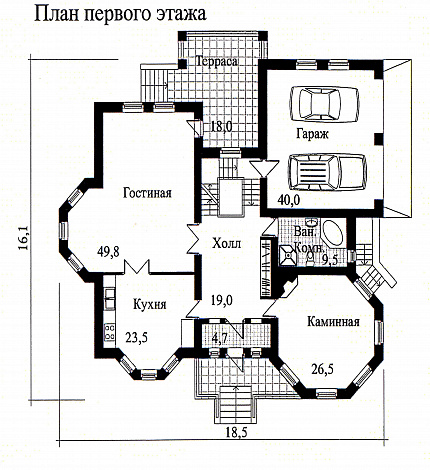 Проект дома из кирпича с необычной в плане каминной комнатой / План 1 этажа