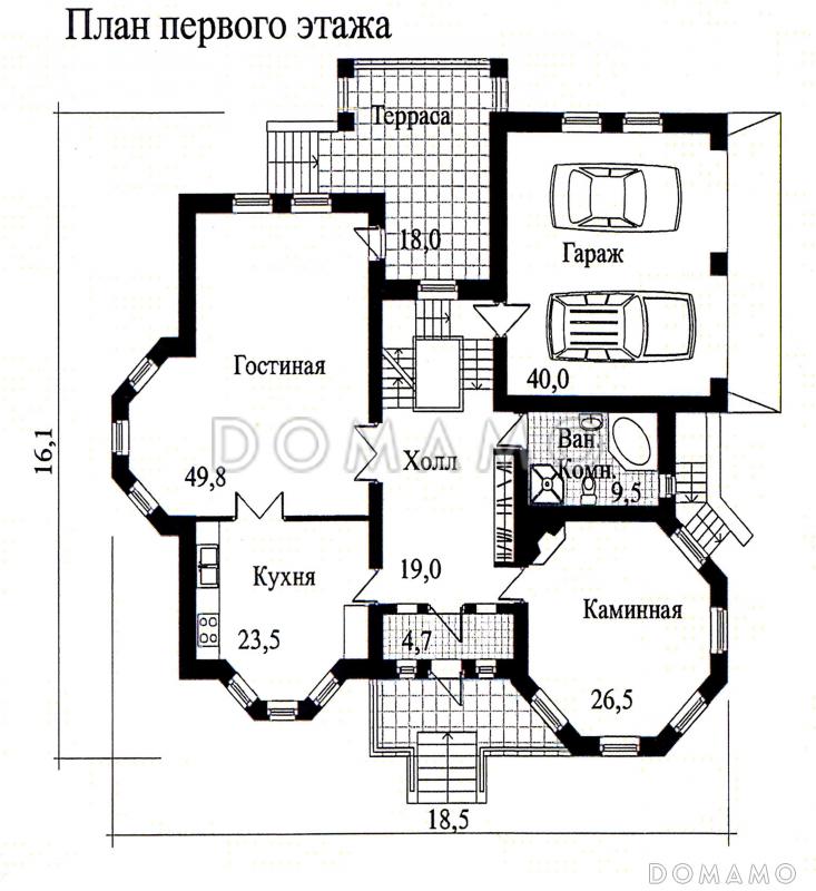 Проект дома из кирпича с необычной в плане каминной комнатой / План 1 этажа