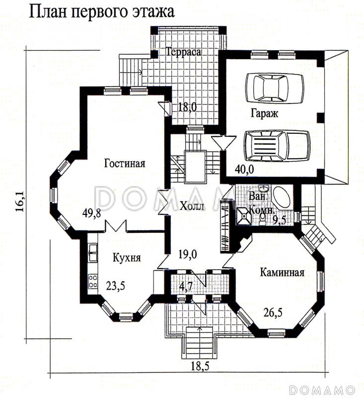Проект дома из кирпича с необычной в плане каминной комнатой / План 1 этажа