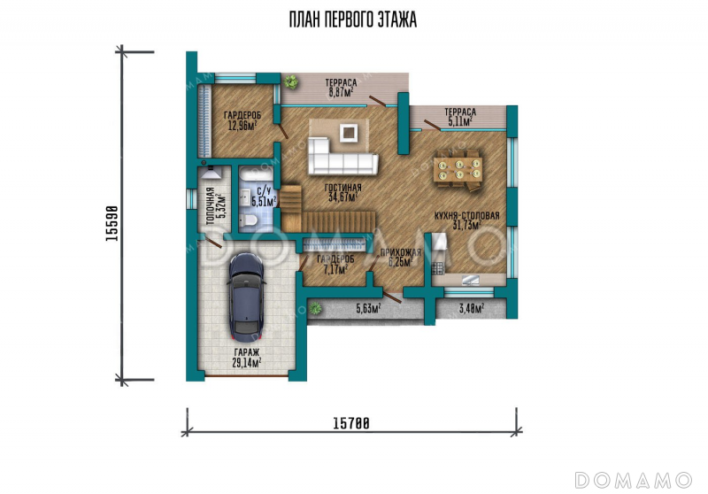 Проект большого двухэтажного дома с гаражом и террасой / План 1 этажа