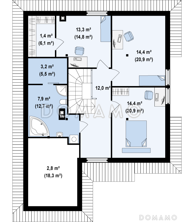 Проект мансардного дома из кирпича с кабинетом, гаражом и техническим помещением / План мансардного этажа