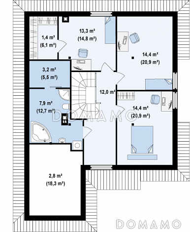 Проект мансардного дома из кирпича с кабинетом, гаражом и техническим помещением / План мансардного этажа Проект мансардного дома из кирпича с кабинетом, гаражом и техническим помещением / План мансардного этажа