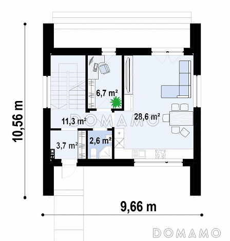 Проект дома с подземным гаражом на два автомобиля, кабинетом, светлой дневной зоной, спальнями на втором этаже / План 1 этажа