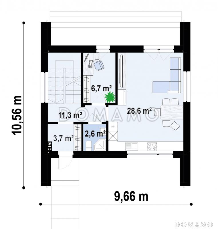 Проект дома с подземным гаражом на два автомобиля, кабинетом, светлой дневной зоной, спальнями на втором этаже / План 1 этажа
