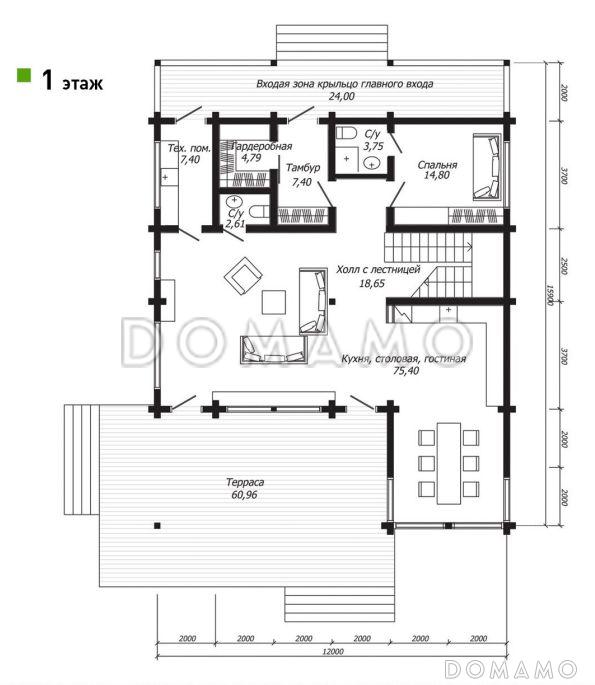 Проект двухэтажного дома из клееного бруса с роскошной террасой / План 1 этажа