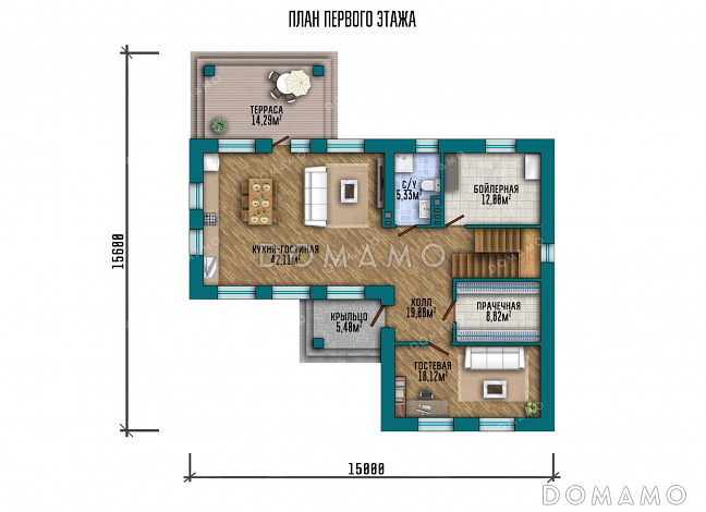 Проект одноэтажного дома с мансардой, террасой и большой кухней-гостиной / План 1 этажа