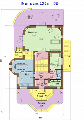 Проект двухэтажного коттеджа с цоколем, с двумя эркерами, балконом и двумя террасами / План 1 этажа Проект двухэтажного коттеджа с цоколем, с двумя эркерами, балконом и двумя террасами / План 1 этажа