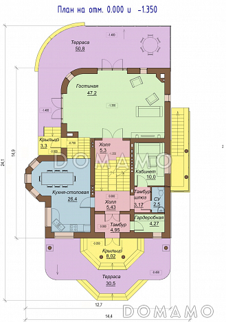 Проект двухэтажного коттеджа с цоколем, с двумя эркерами, балконом и двумя террасами / План 1 этажа Проект двухэтажного коттеджа с цоколем, с двумя эркерами, балконом и двумя террасами / План 1 этажа