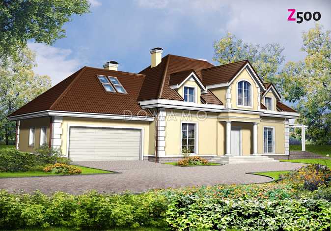 Проект большого одноэтажного мансардного дома из газобетона с просторной гостиной, гаражом и бильярдной  Проект большого одноэтажного мансардного дома из газобетона с просторной гостиной, гаражом и бильярдной