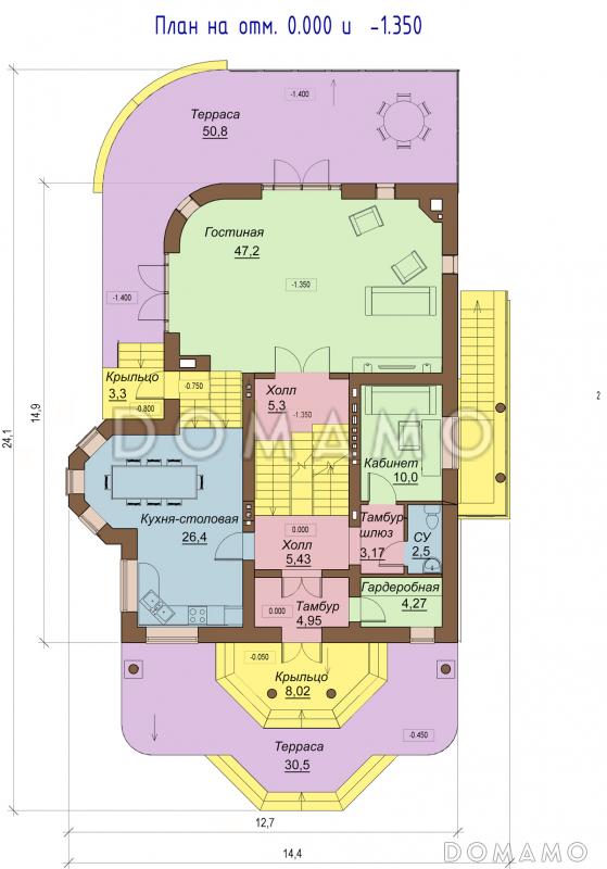 Проект двухэтажного коттеджа с цоколем, с двумя эркерами, балконом и двумя террасами / План 1 этажа