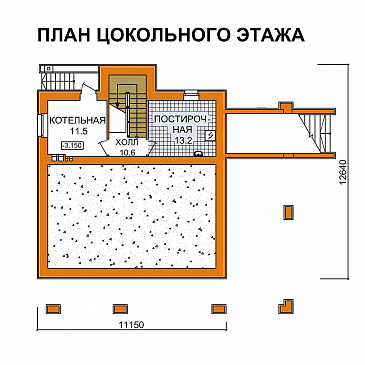 Проект дома с цокольным этажом и большой крытой террасой / План цокольного этажа Проект дома с цокольным этажом и большой крытой террасой / План цокольного этажа