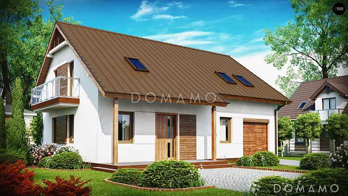 Проект одноэтажного мансардного дома из газобетона с кабинетом, гаражом и двумя балконом по торцам 