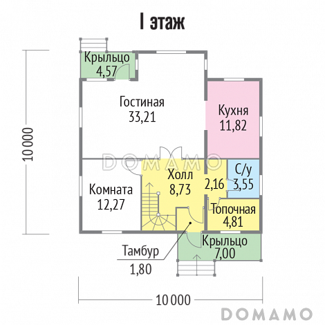 Проект дома из клееного бруса 10х10 с топочной / План 1 этажа