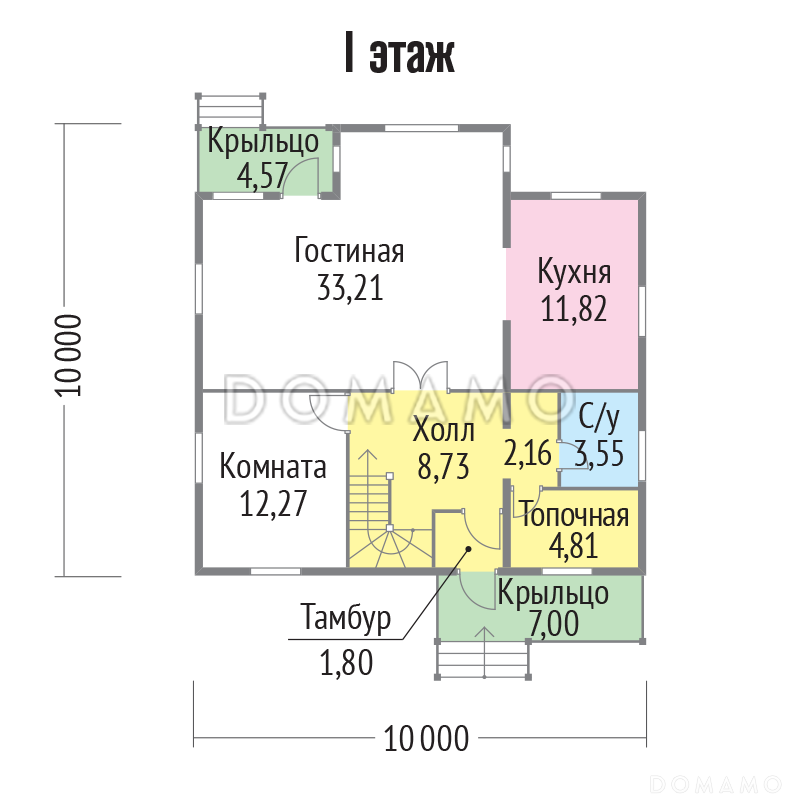 Проект дома из клееного бруса 10х10 с топочной / План 1 этажа