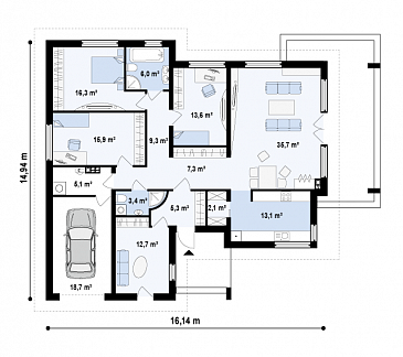 Проект одноэтажного дома из газобетона со свободной планировкой на мансардном этаже и гаражом для одного автомобиля / План 1 этажа Проект одноэтажного дома из газобетона со свободной планировкой на мансардном этаже и гаражом для одного автомобиля / План 1 этажа