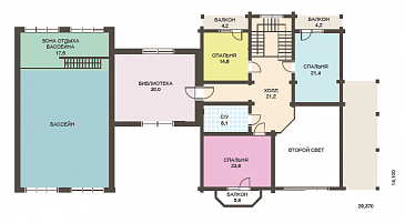 Проект двухэтажного дома из клееного бруса с бассейном и сауной на первом этаже / План мансардного этажа Проект двухэтажного дома из клееного бруса с бассейном и сауной на первом этаже / План мансардного этажа