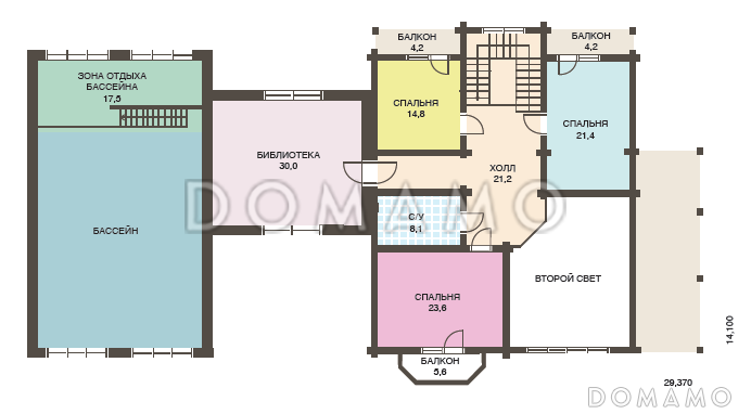 Проект двухэтажного дома из клееного бруса с бассейном и сауной на первом этаже / План мансардного этажа