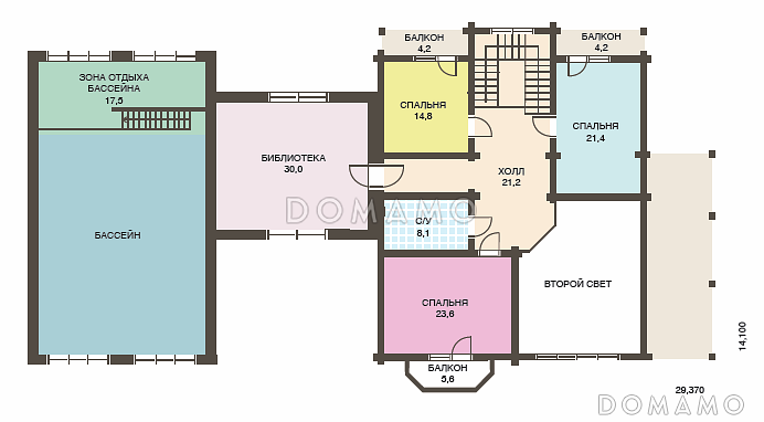 Проект двухэтажного дома из клееного бруса с бассейном и сауной на первом этаже / План мансардного этажа Проект двухэтажного дома из клееного бруса с бассейном и сауной на первом этаже / План мансардного этажа