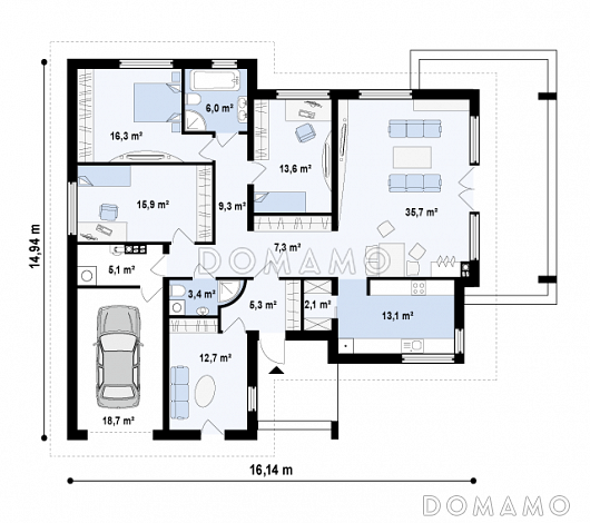 Проект одноэтажного дома из газобетона со свободной планировкой на мансардном этаже и гаражом для одного автомобиля / План 1 этажа Проект одноэтажного дома из газобетона со свободной планировкой на мансардном этаже и гаражом для одного автомобиля / План 1 этажа