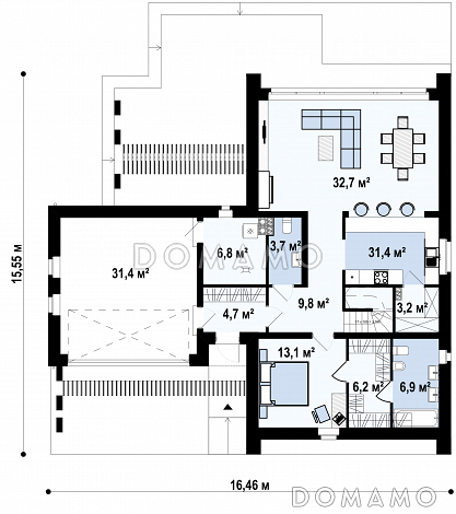 Проект современного одноэтажного мансардного дома из кирпича с панорамным остеклением, вторым светом и с гаражом / План 1 этажа