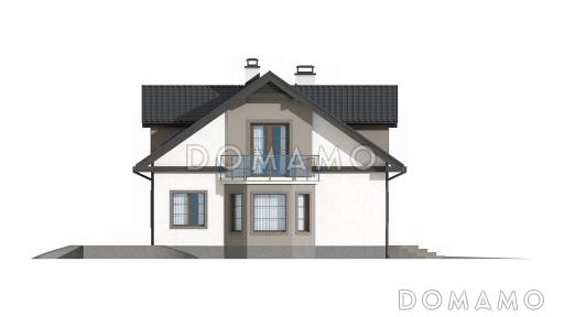 Проект одноэтажного мансардного дома из газобетона с кабинетом, эркером, балконом над ним и гаражом на два автомобиля / Фасад 4