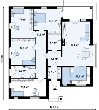 Проект одноэтажного дома из газобетона со стеклянным эркером в просторной гостиной / План 1 этажа