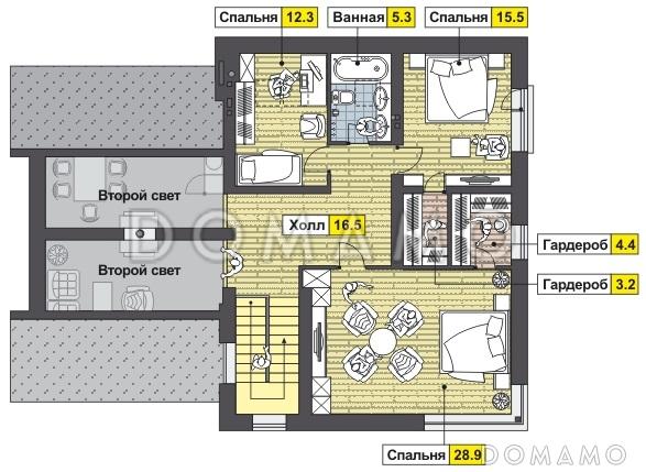 Проект дома с навесом для автомобилей, кухней с выходом на крытую террасу, двумя спальнями на первом этаже, вторым светом / План мансардного этажа