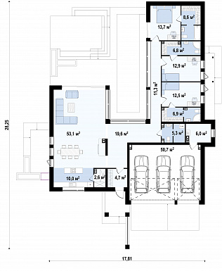Проект просторного современного одноэтажного дома из кирпича с плоской крышей, с тремя спальнями, террасой и гаражом для трёх автомобилей / План 1 этажа Проект просторного современного одноэтажного дома из кирпича с плоской крышей, с тремя спальнями, террасой и гаражом для трёх автомобилей / План 1 этажа