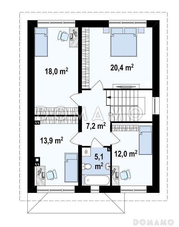 Проект современного двухэтажного дома из кирпича с четырьмя спальнями и кабинетом, без гаража / План 2 этажа