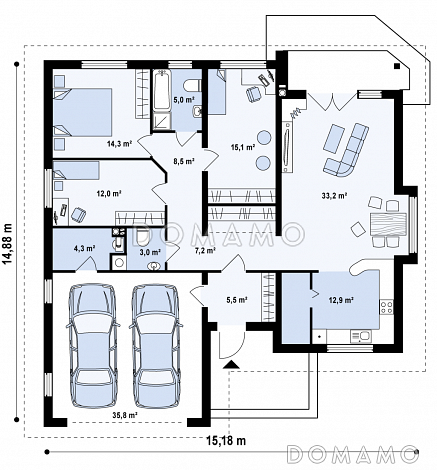 Проект одноэтажного дома с эркером и гаражом из газобетона со свободной планировкой мансардного этажа  / План 1 этажа Проект одноэтажного дома с эркером и гаражом из газобетона со свободной планировкой мансардного этажа  / План 1 этажа