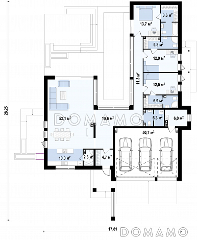Проект просторного современного одноэтажного дома из кирпича с плоской крышей, с тремя спальнями, террасой и гаражом для трёх автомобилей / План 1 этажа Проект просторного современного одноэтажного дома из кирпича с плоской крышей, с тремя спальнями, террасой и гаражом для трёх автомобилей / План 1 этажа