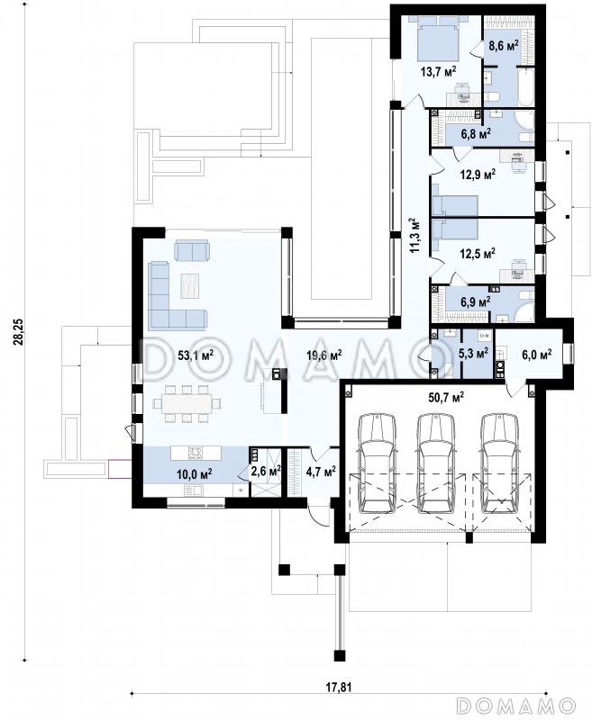 Проект просторного современного одноэтажного дома из кирпича с плоской крышей, с тремя спальнями, террасой и гаражом для трёх автомобилей / План 1 этажа