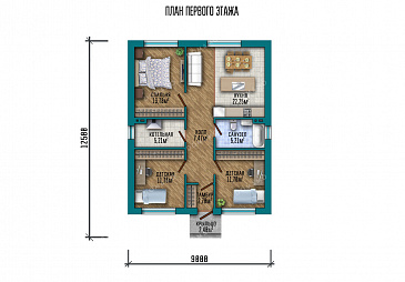 Проект небольшого дома с тремя спальнями и кухней / План 1 этажа Проект небольшого дома с тремя спальнями и кухней / План 1 этажа