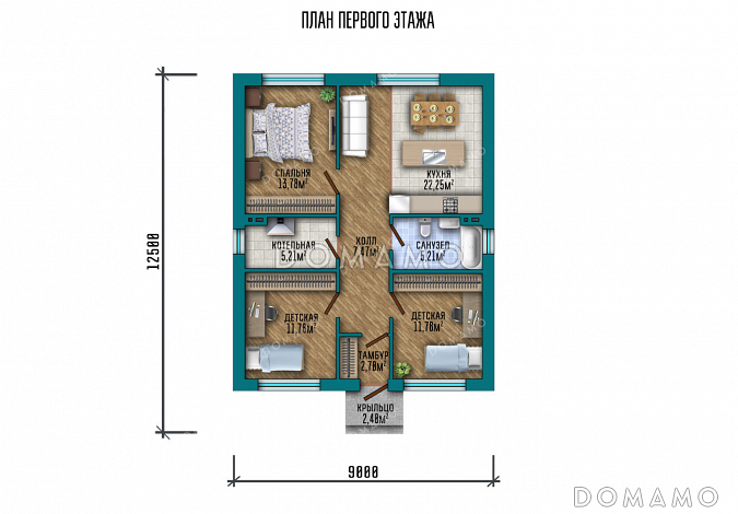 Проект небольшого дома с тремя спальнями и кухней / План 1 этажа Проект небольшого дома с тремя спальнями и кухней / План 1 этажа