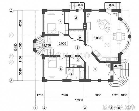 Проект дома с окнами разной формы / План 1 этажа