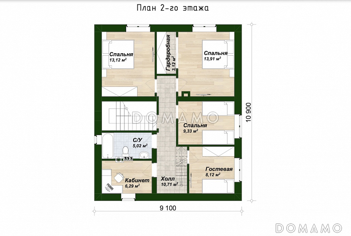 Проект двухэтажного дома с 5 спальнями, террасой, пристроенной мастерской и люкарной с балконом / План 2 этажа Проект двухэтажного дома с 5 спальнями, террасой, пристроенной мастерской и люкарной с балконом / План 2 этажа