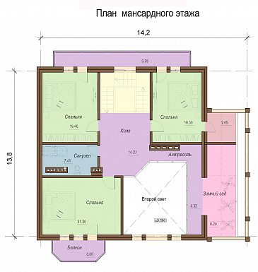 Проект одноэтажного коттеджа с цокольным и мансардным этажами, с зимним садом и вторым светом / План мансардного этажа Проект одноэтажного коттеджа с цокольным и мансардным этажами, с зимним садом и вторым светом / План мансардного этажа