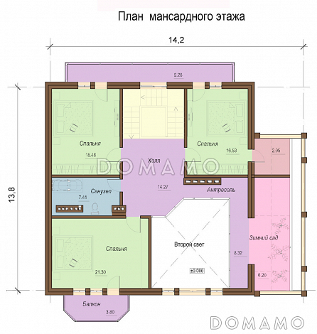 Проект одноэтажного коттеджа с цокольным и мансардным этажами, с зимним садом и вторым светом / План мансардного этажа Проект одноэтажного коттеджа с цокольным и мансардным этажами, с зимним садом и вторым светом / План мансардного этажа