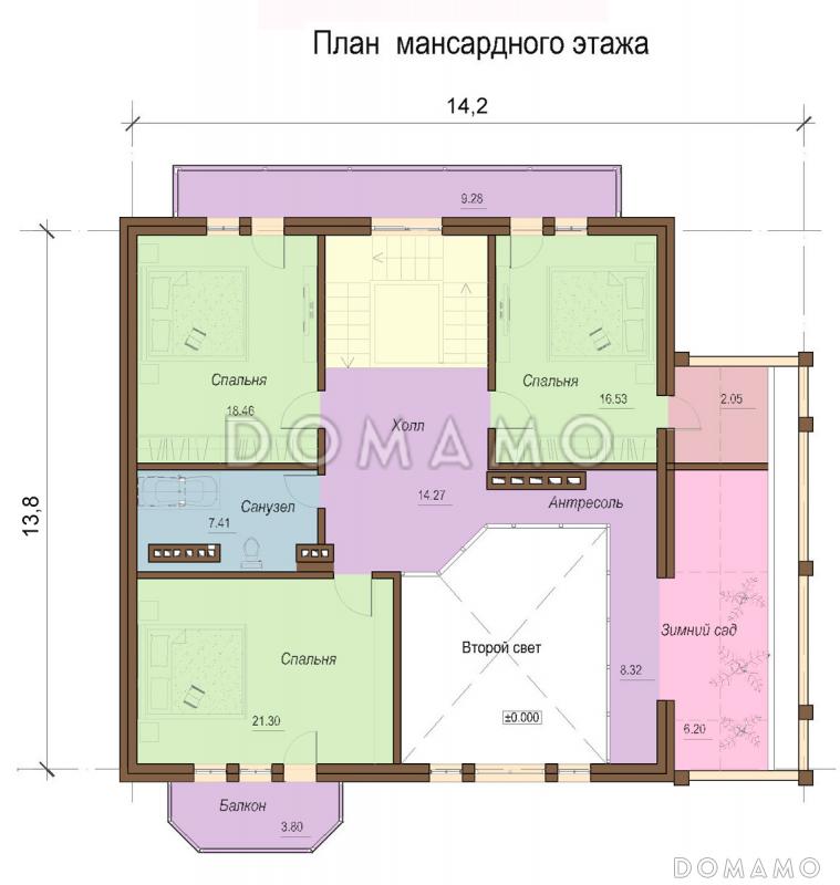 Проект одноэтажного коттеджа с цокольным и мансардным этажами, с зимним садом и вторым светом / План мансардного этажа